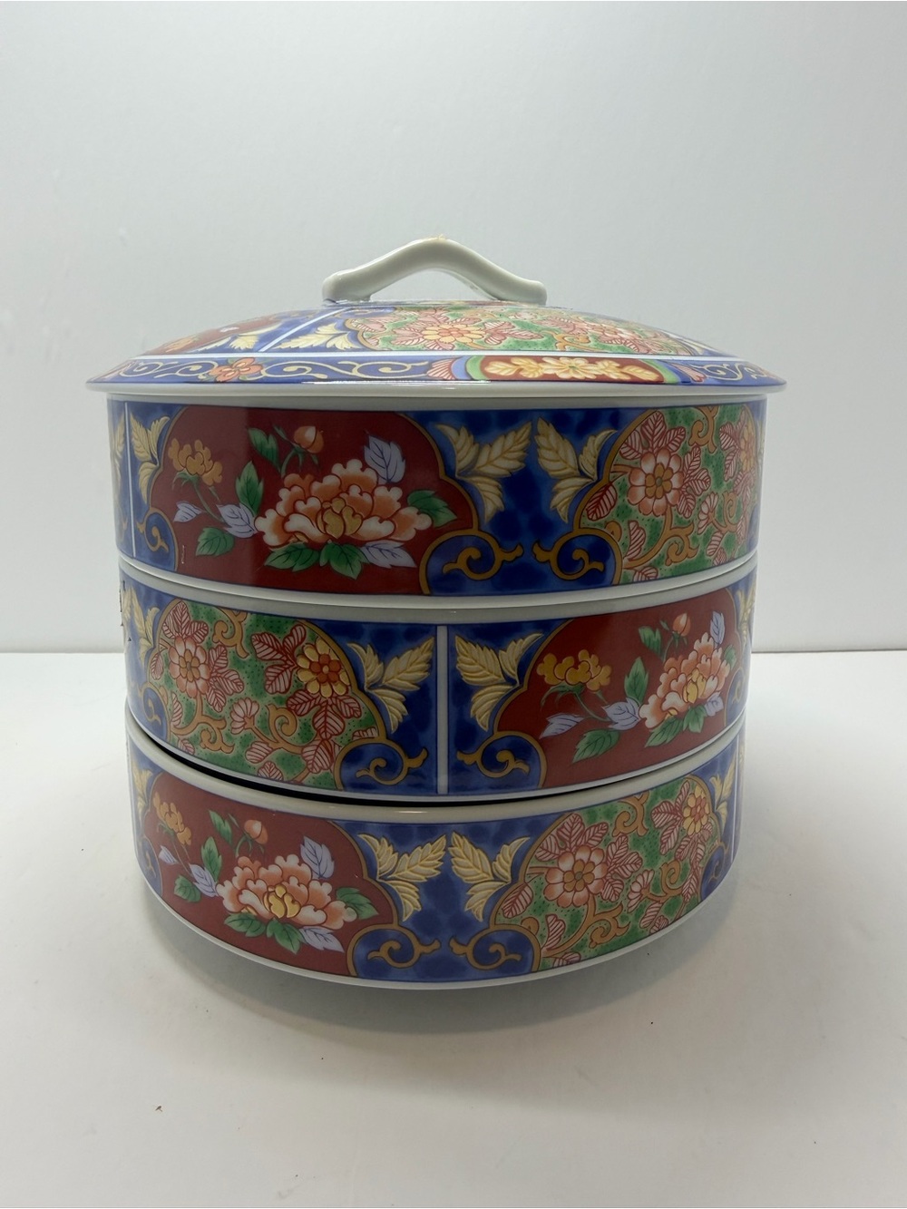 Vintage Japanese Imari Porcelain 3-Tier Jubako Stacking Bento Box with Lid